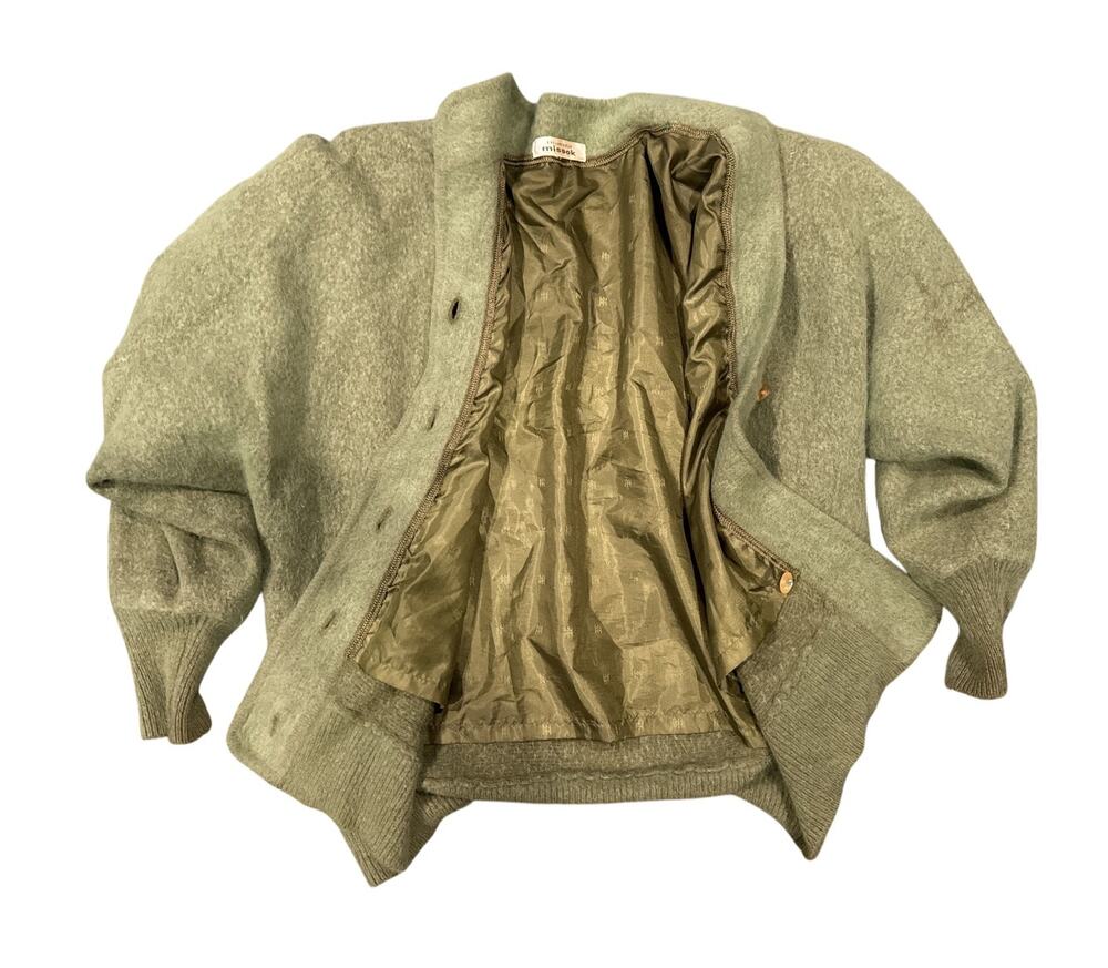 Vintage Misook Angora Cardigan Jacket Green Rhinestone Buttons Made Korea M/L